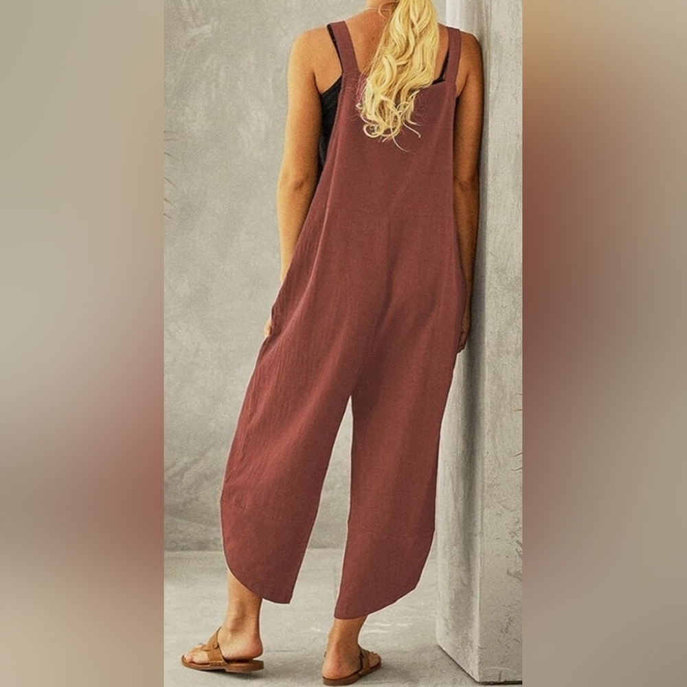 Women's Cinnamon Brown Boho Cotton Flax Overall Romper | Size Medium - Picture 2 of 8